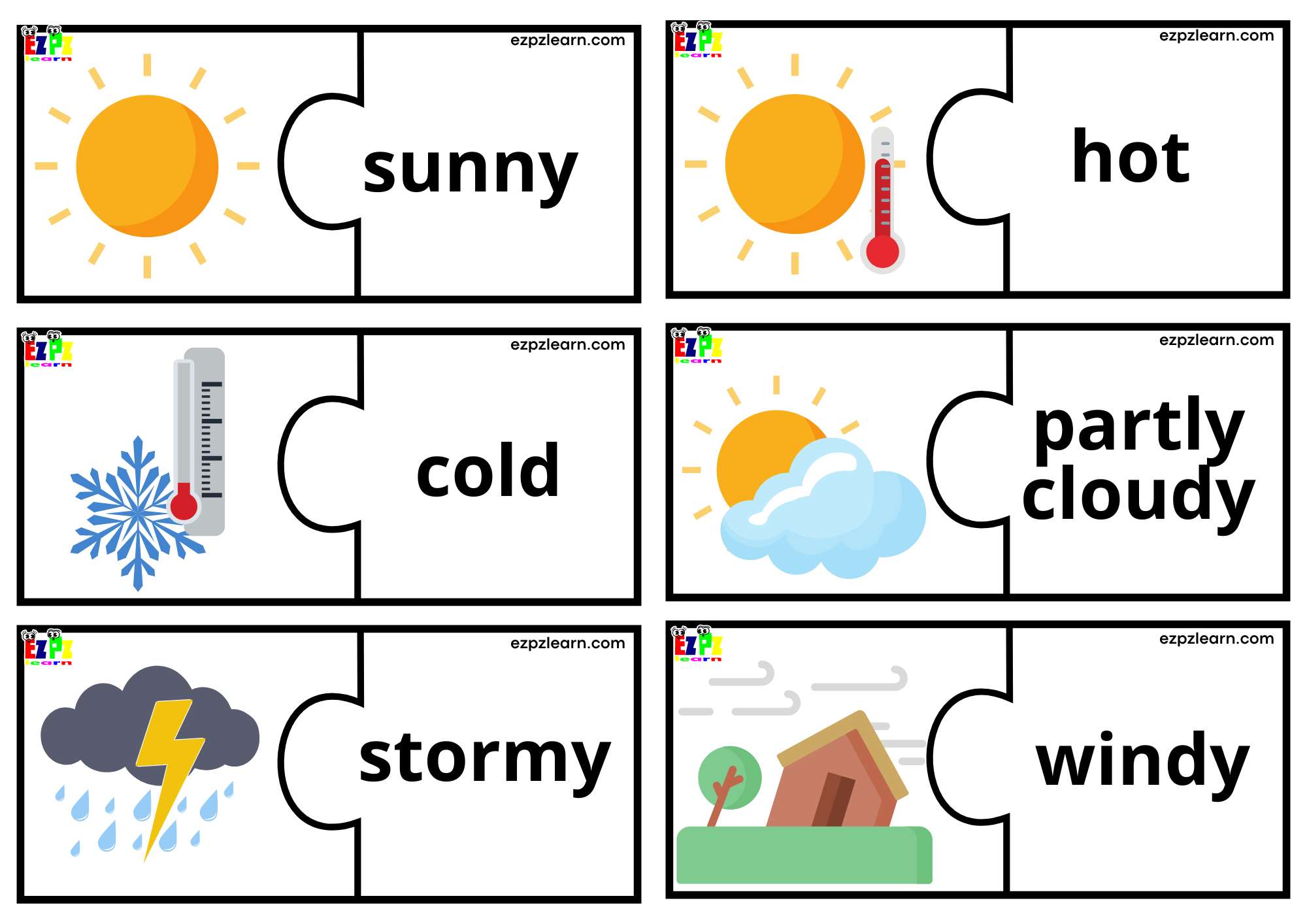 Weather Puzzle Match Game. Large Size 6 Words per page. Free PDF Download